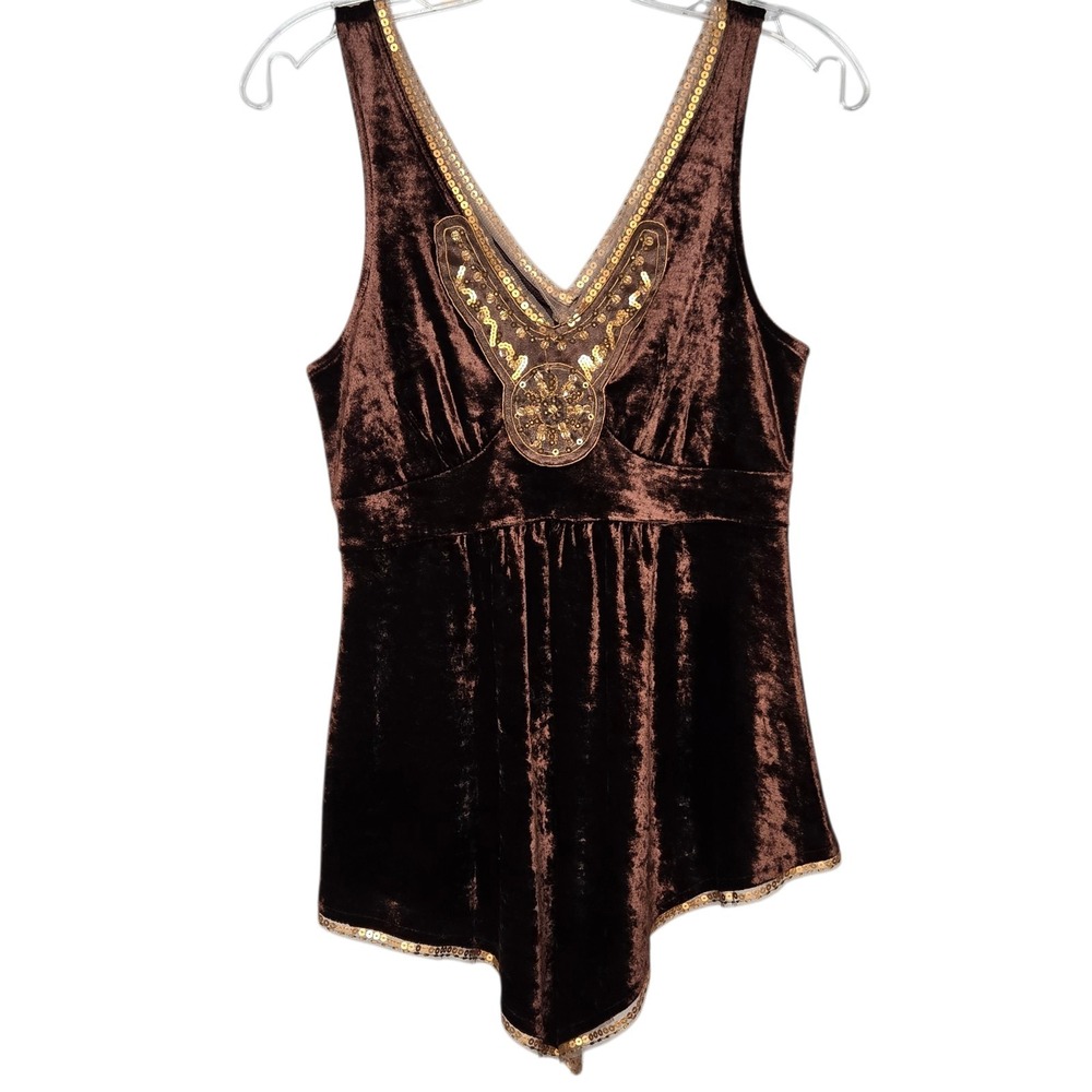 Vtg Express Y2K Brown Crushed Velvet Sequin Top Medallion Hanky Hem Small